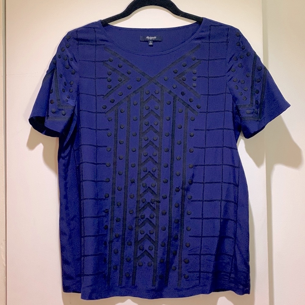 Madewell patterned navy blue silk top